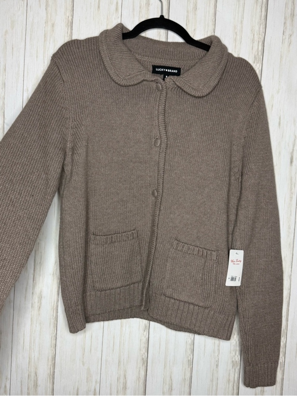 Lucky Brand NWT 100% cotton Taupe Collared Button-Up Sweater Medium - Picture 3 of 7